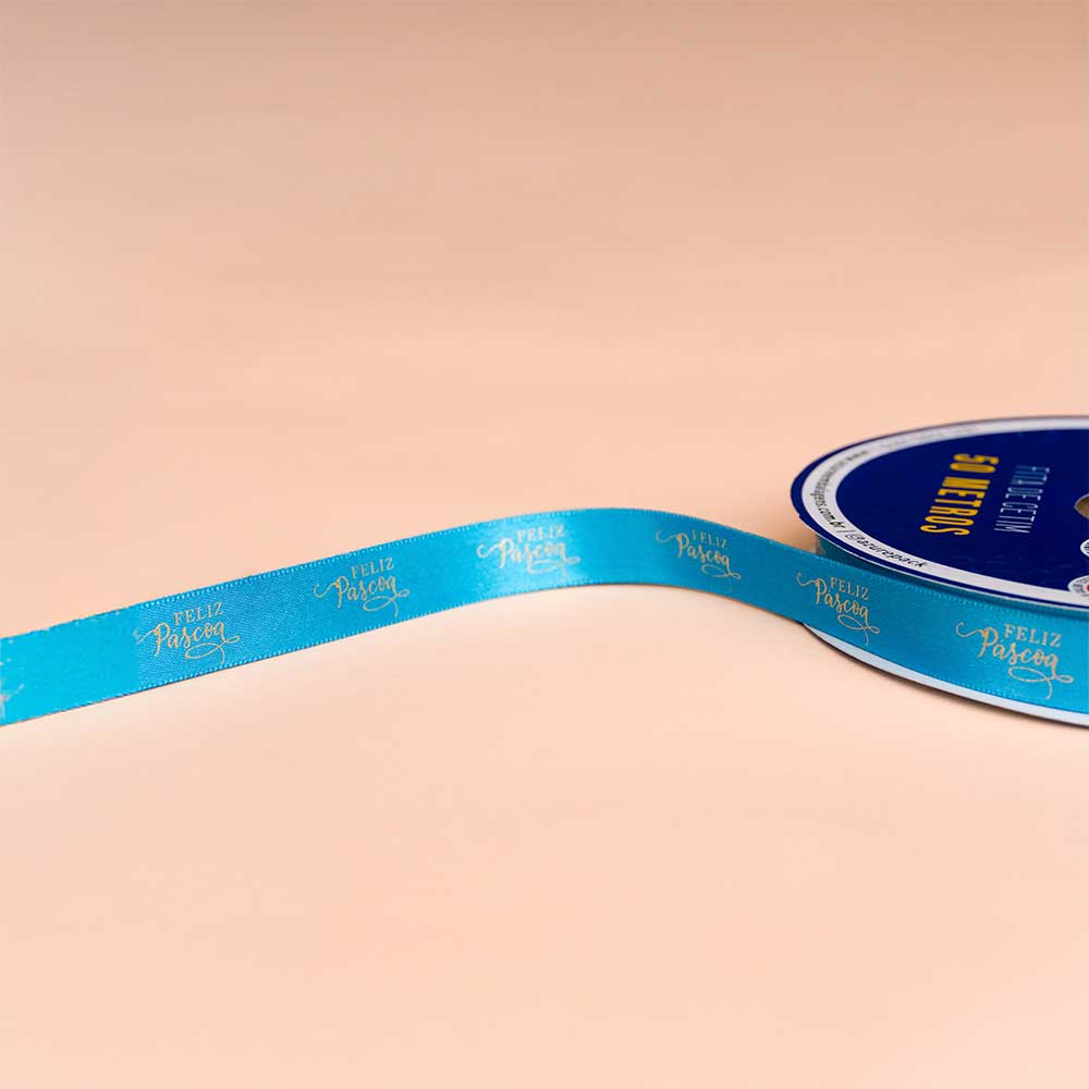 Fita de Cetim, PÁSCOA, Rolo 50mt – Azul/Ouro – 22mm - Image 2