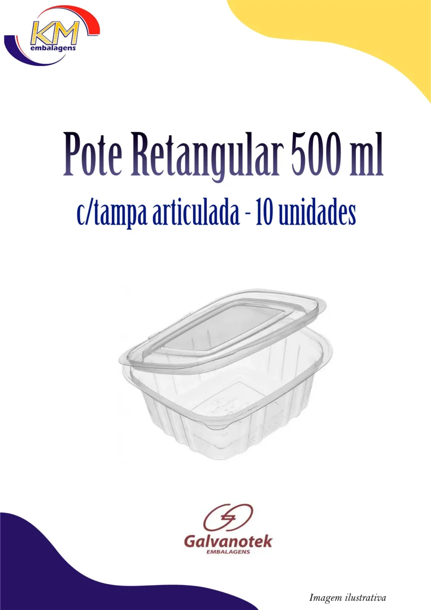 Pote retangular c/tampa articulada 500 ml c/10 unidades