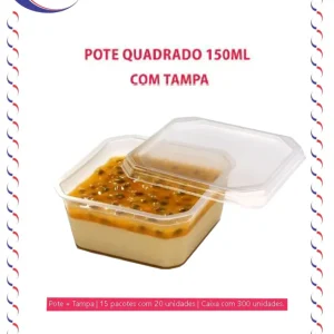 Pote quadrado s/lacre 150 ml c/tampa – 15 pacotes c/ 20 unidades