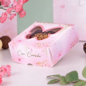 Caixa para 1 Coração Lapidado, com visor e berço, COM CARINHO – 10un