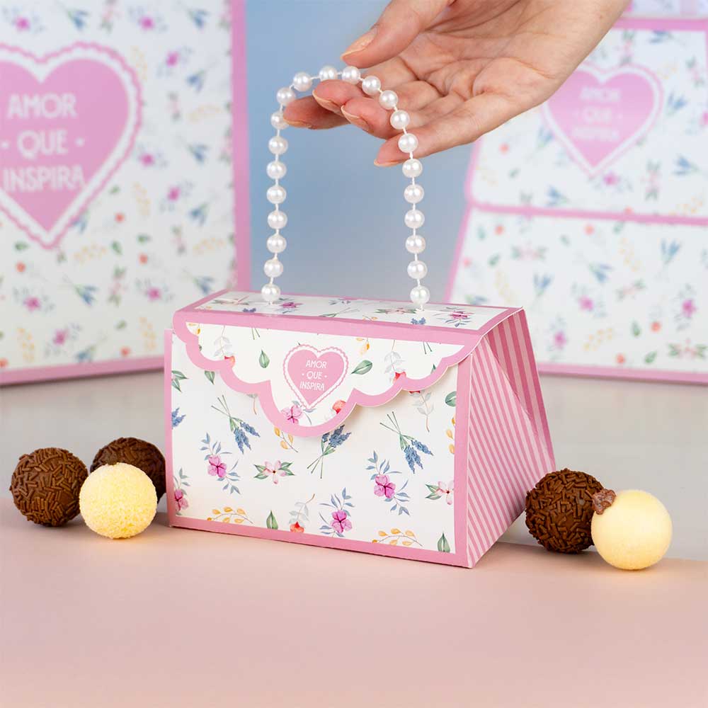 Caixa para Doces bolsinha com pérolas, FLORES – 5un